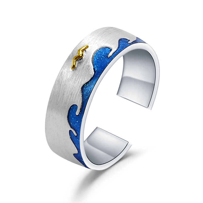 Enamel process inlaid natural pato stone 925 silver couple ring wave elements-BlingRunway