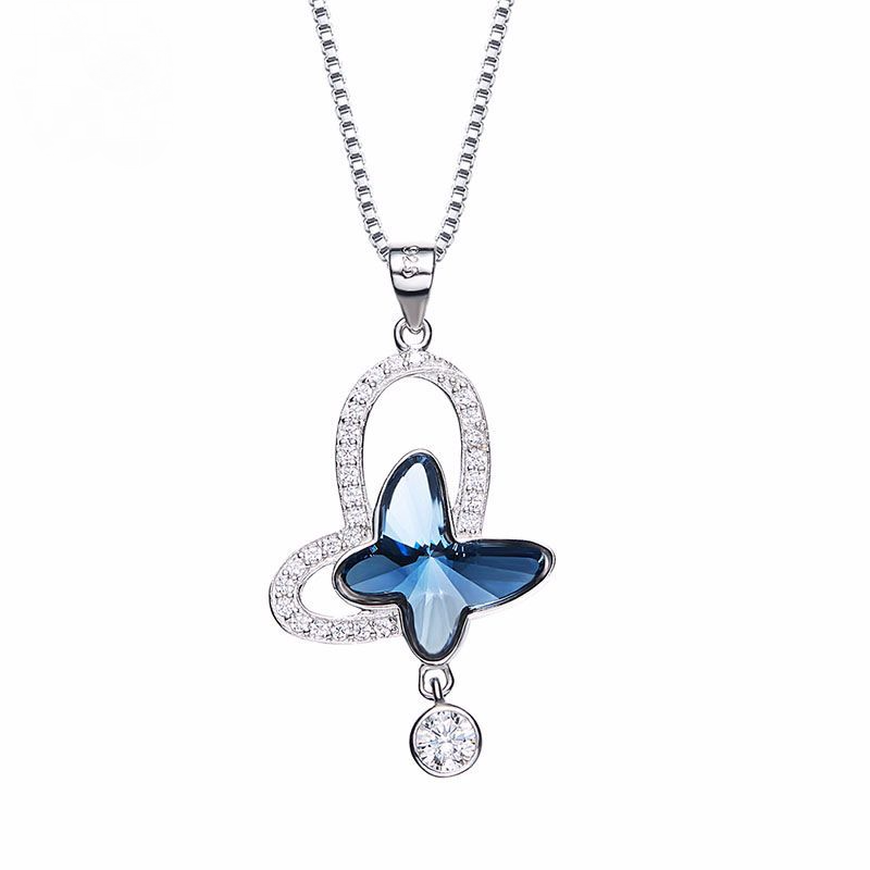 S925 Sterling Silver Austrian Crystal Element Blue Butterfly Necklace-BlingRunway