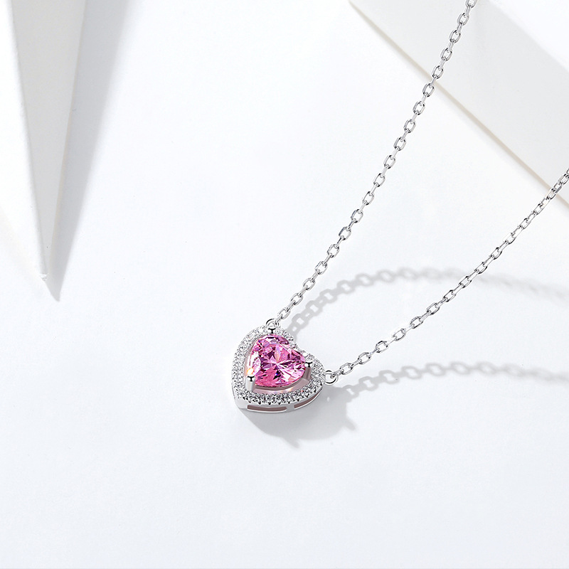 Pink Heart Pendant S925 Sterling Silver Necklace-BilngRunway