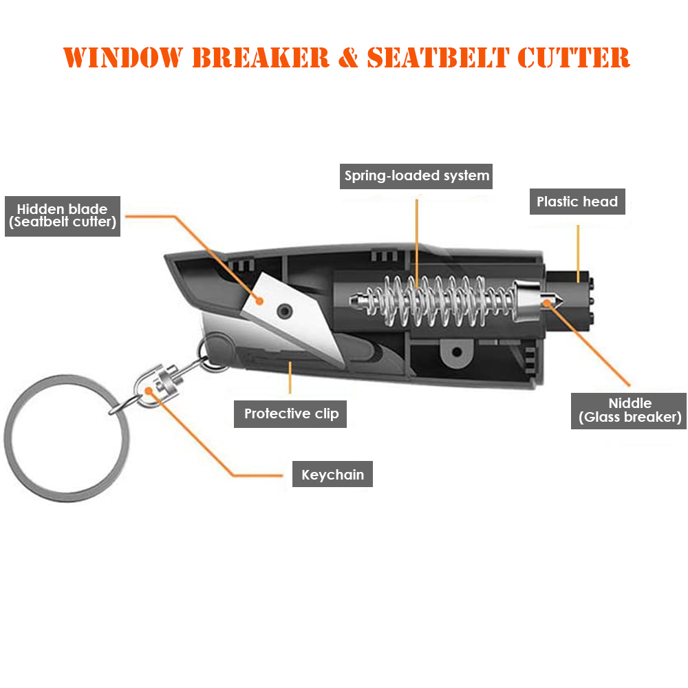 2-in-1 Car Emergency Escape Tool Glass Breaker Seatbelt Cutter with Keychain Pack of 2
