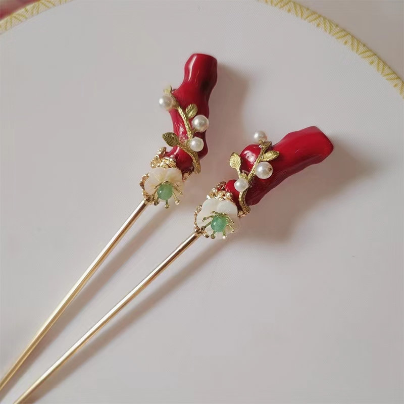 现货-《梦华录》赵盼儿同款红珊瑚发簪古风汉服头饰发饰发钗-Zhao Paner Red Coral Hairpin Ancient Style  Hanbok Headdress Hair Ornaments Hairpins