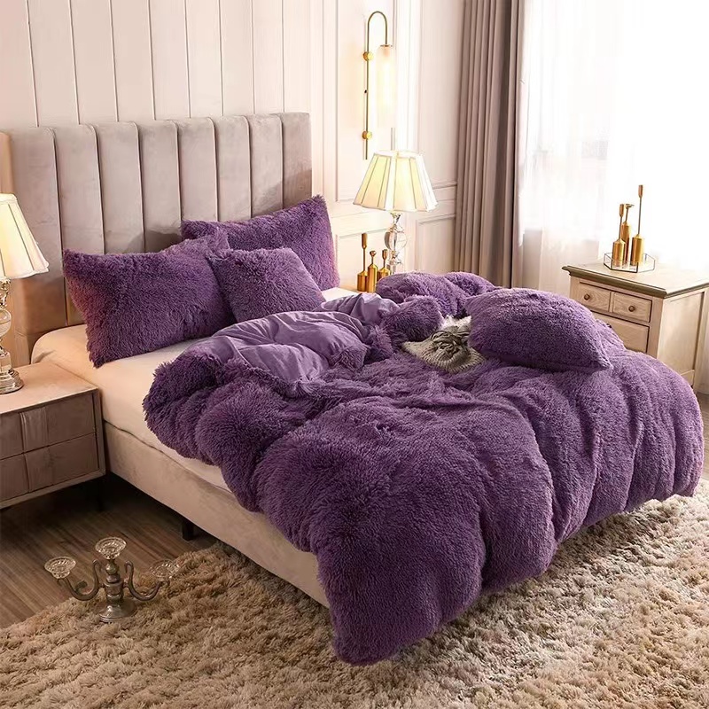 purple fluffy bed set