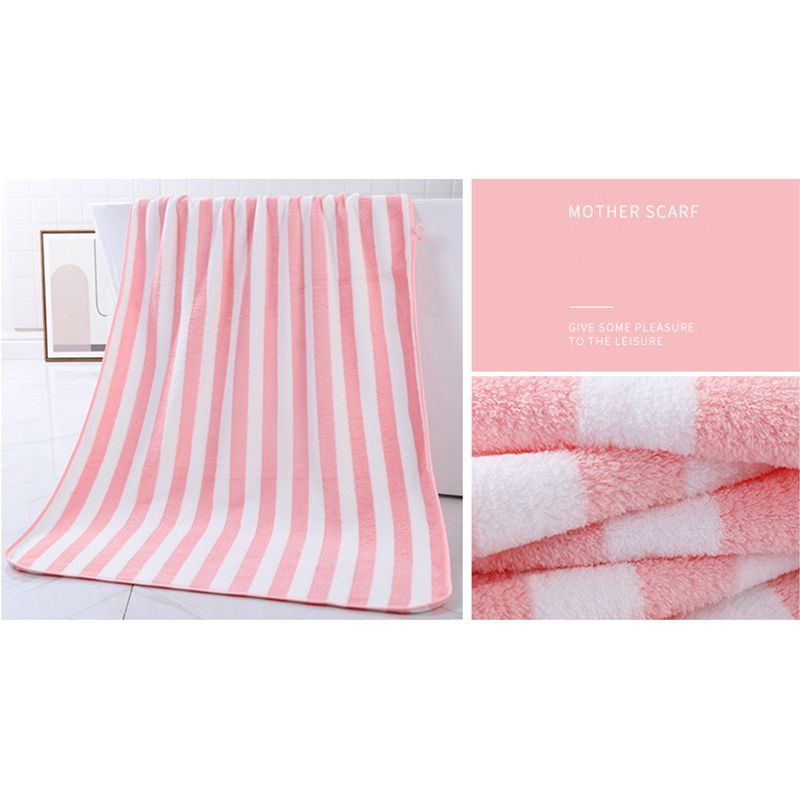 Wide Striped Coral Velvet Bath Towel