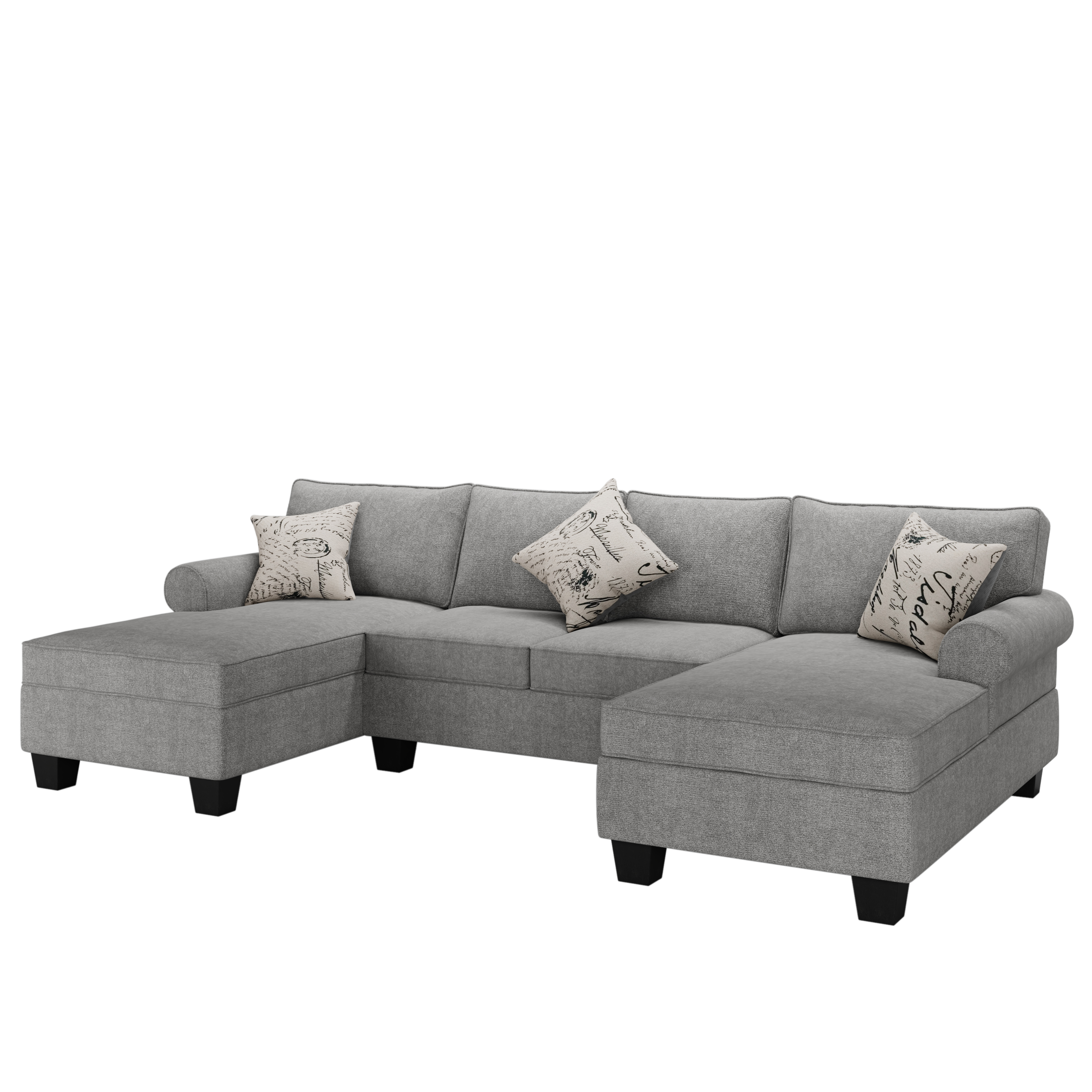 3pcs Chenille Sectional U Shaped Sofa with Double Chaises, Rolled Arm Sofa with storage Chaises, 3 pillows included,Grey