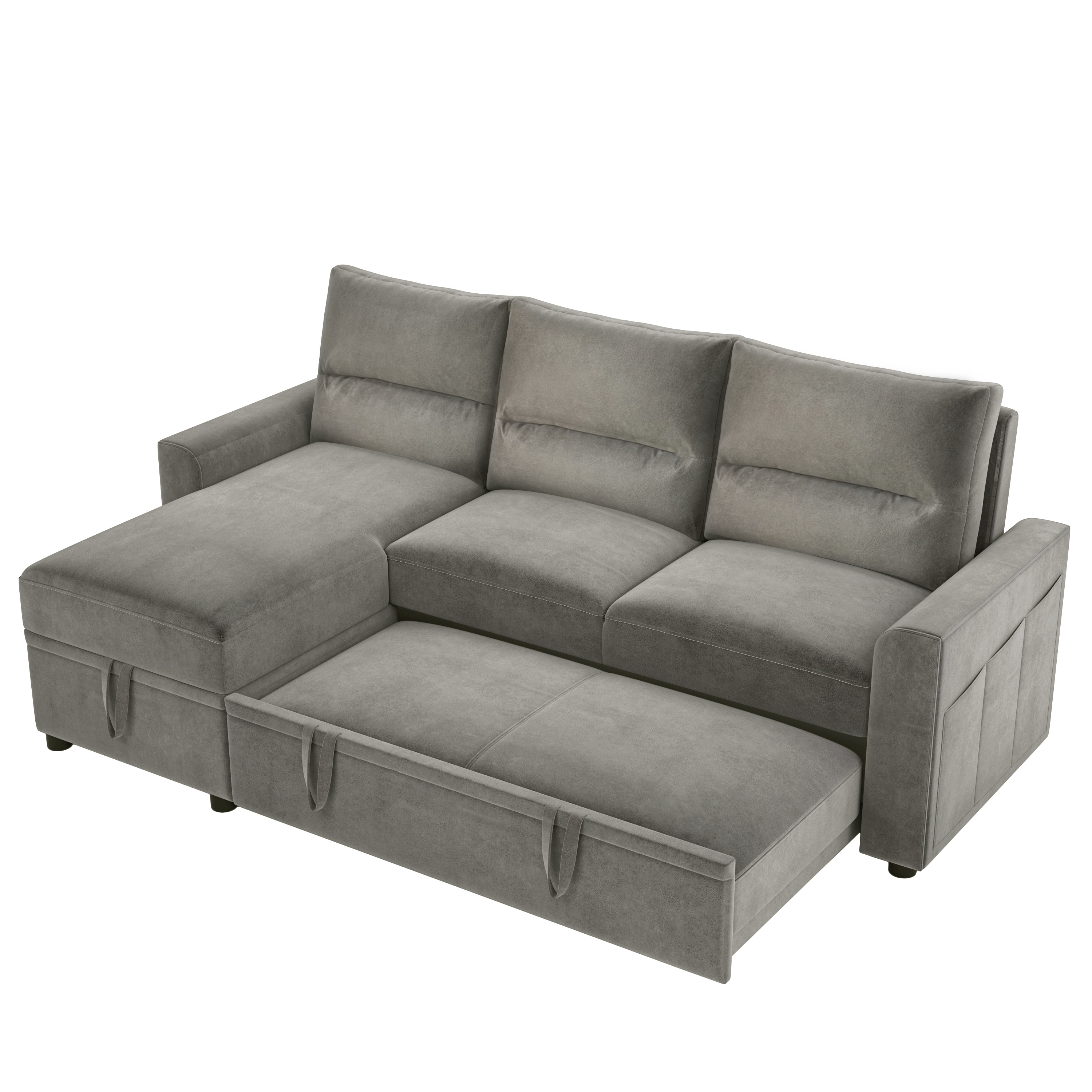 82.5" Reversible Pull out Sleeper Sectional Storage Sofa Bed with 6 Side pockets, Corner sofa-bed with storage Chaise,3 seat both left handed and right handed.