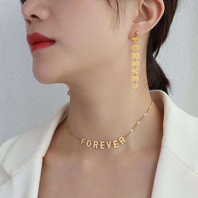 function1-"Forever" Letter Splicing Chain Necklace & Earings Set