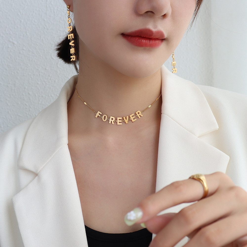 function1-"Forever" Letter Splicing Chain Necklace & Earings Set