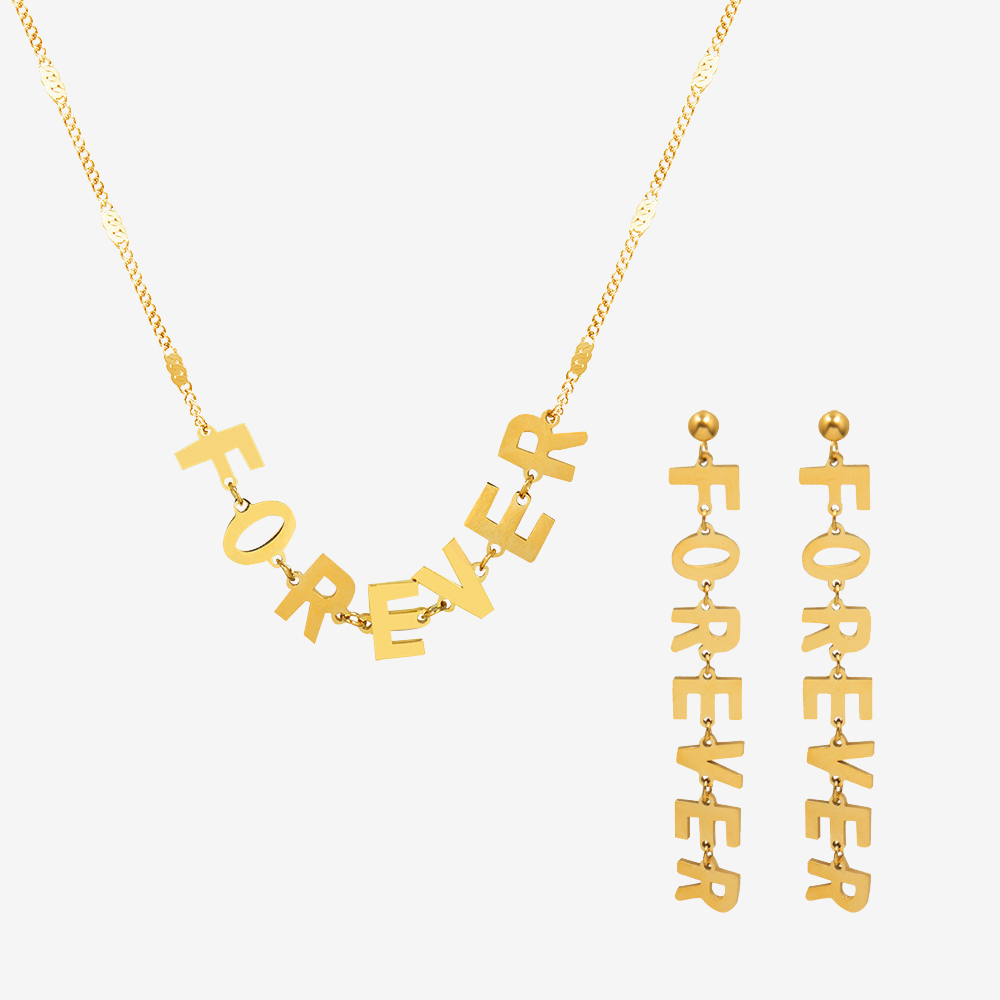 function1-"Forever" Letter Splicing Chain Necklace & Earings Set