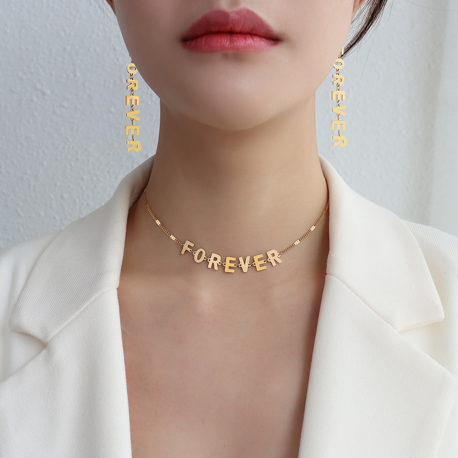 function1-"Forever" Letter Splicing Chain Necklace & Earings Set