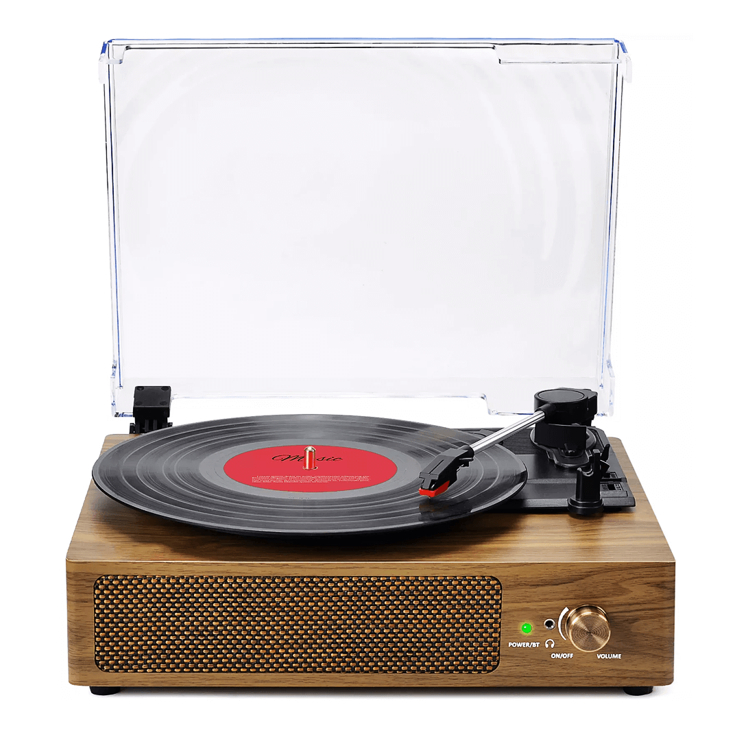 JOPOSTAR Record Player Turntable 3-Speed Belt-Drive Vinyl Record Player with Stereo Speakers Headphone Jack Aux Input RCA Line Out Brown Vintage Style Turntable 