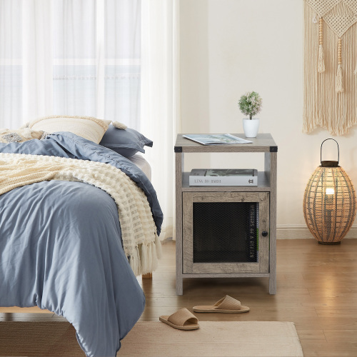 Bedside Table with Cabinets and Power Outlets