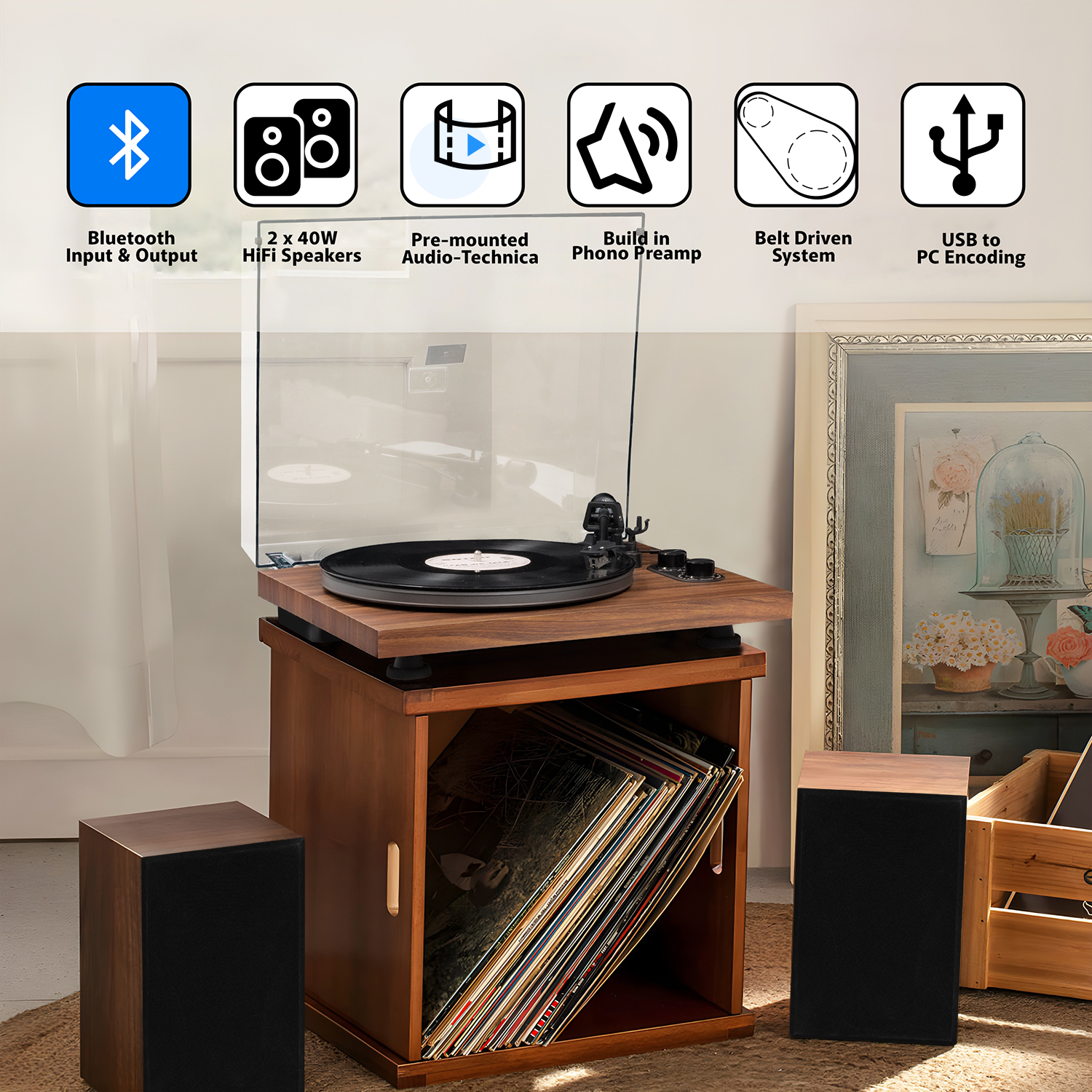 Modern Bluetooth In&Out Turntable with 40W HiFi Speakers System UD006