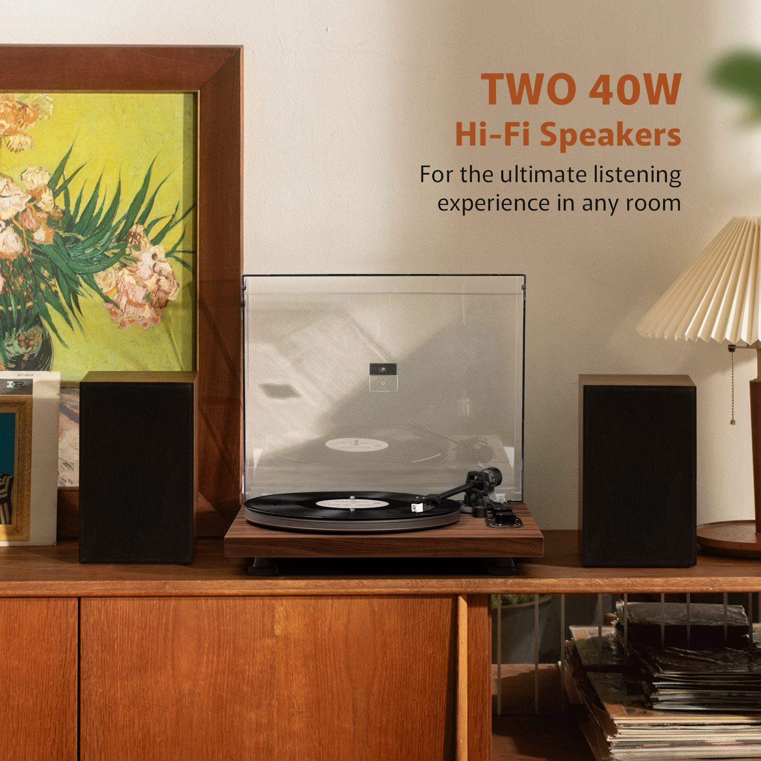 UD006 Dual Bluetooth Vinyl Record Player System with 40W Bookshelf Speakers
