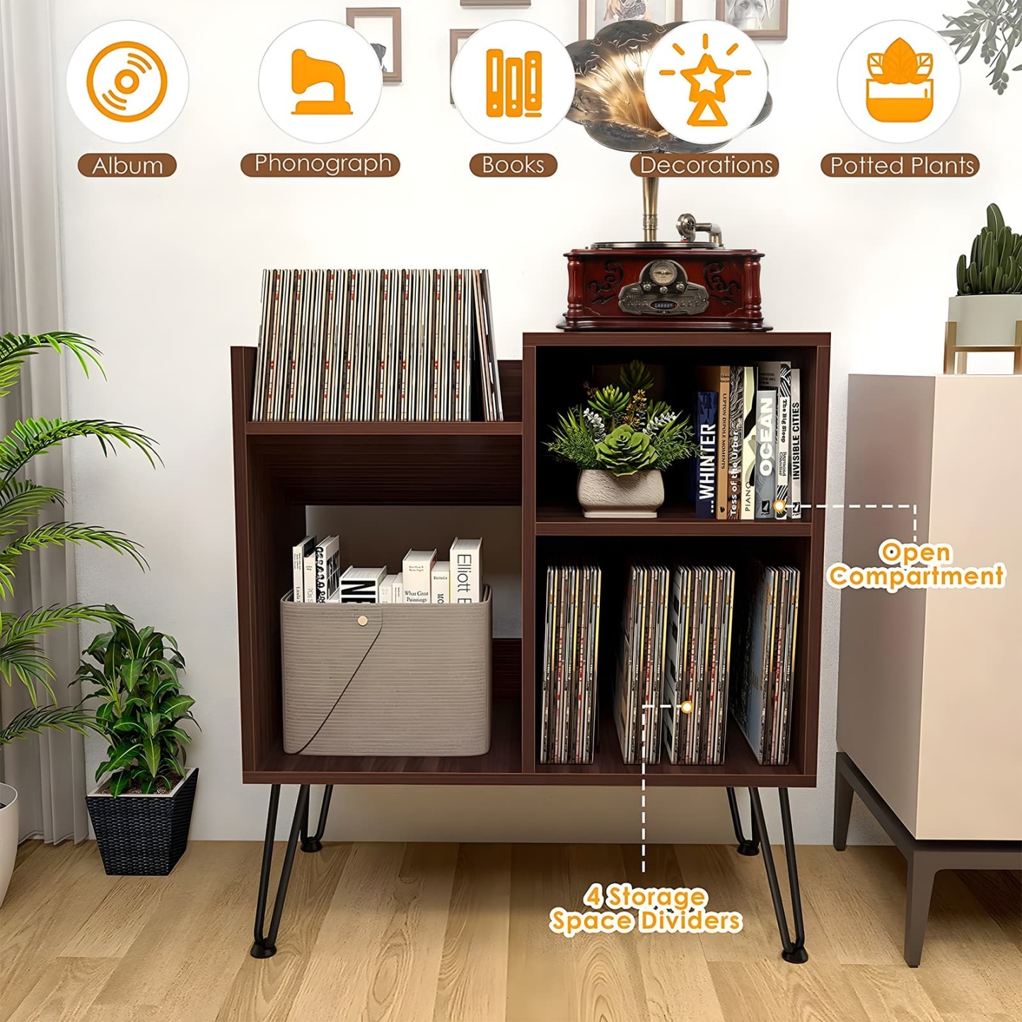 Retrolife Brown Record Player Stand Turntable Stand Vinyl Record Storage Cabinet with Metal Legs RMD3
