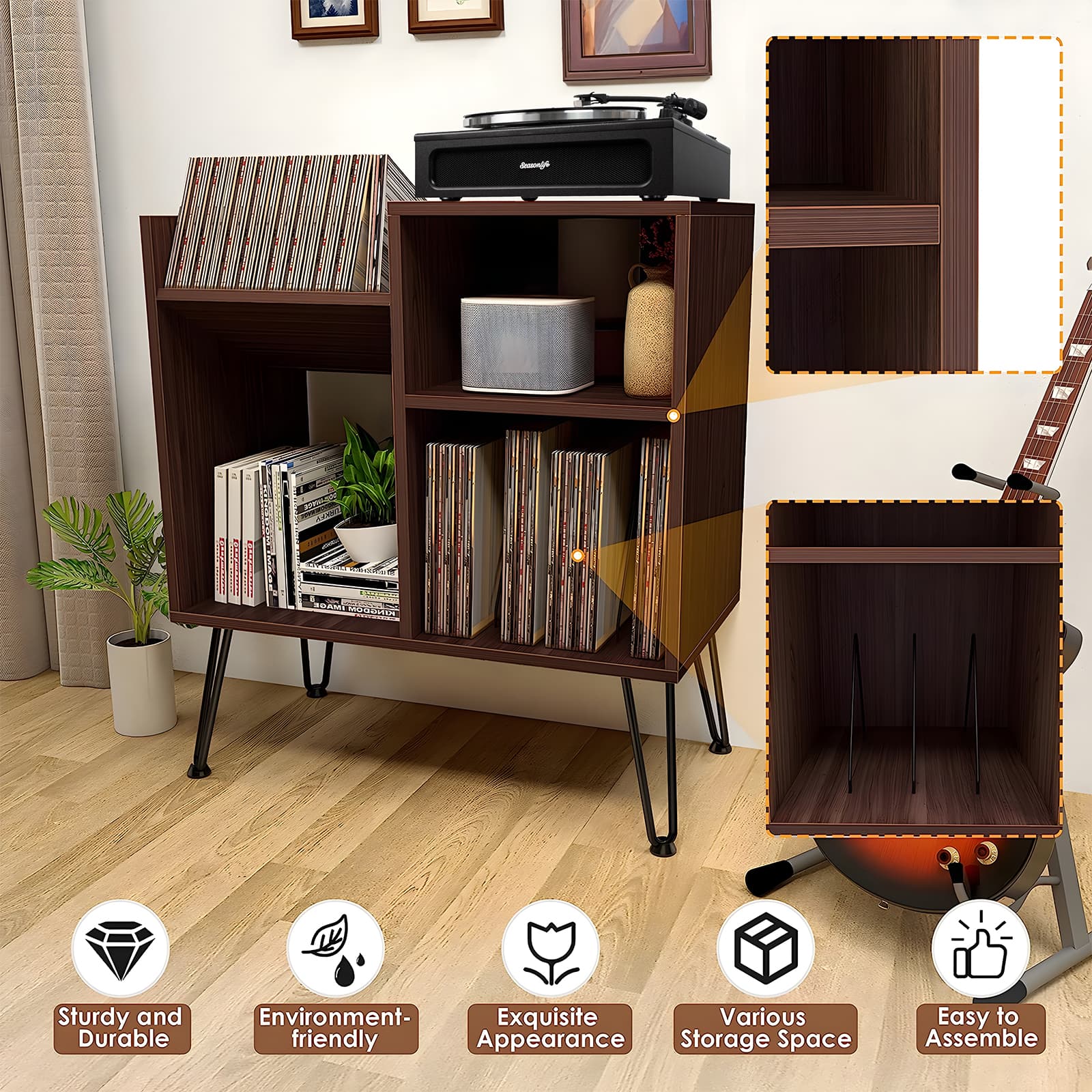 Retrolife Brown Record Player Stand Turntable Stand Vinyl Record Storage Cabinet with Metal Legs RMD3