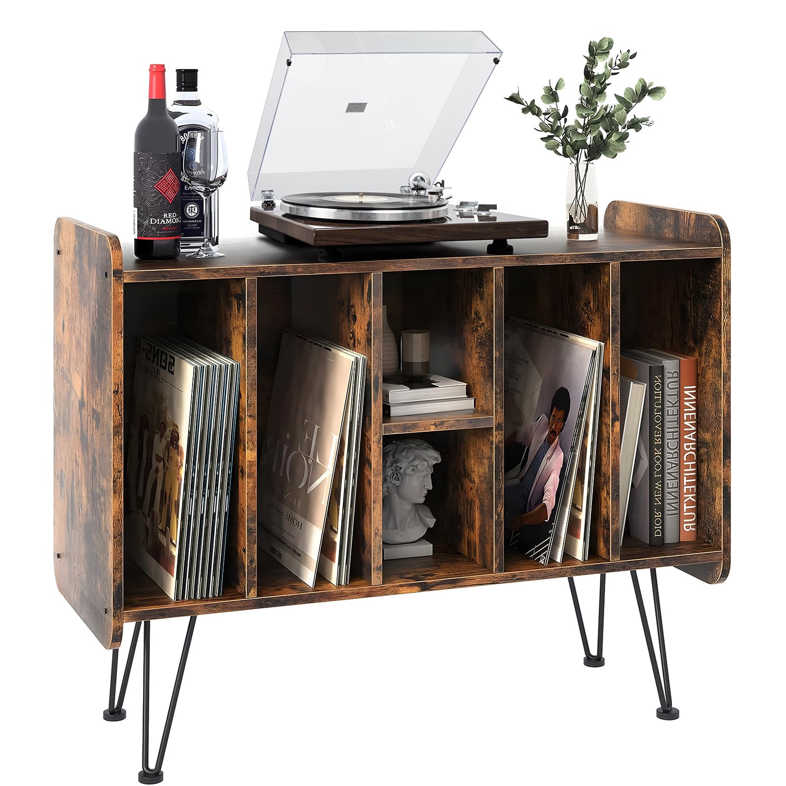 Retrolife Large Brown Record Player Stand Turntable Stand with Metal Legs for Bedroom and Living Room RMD1