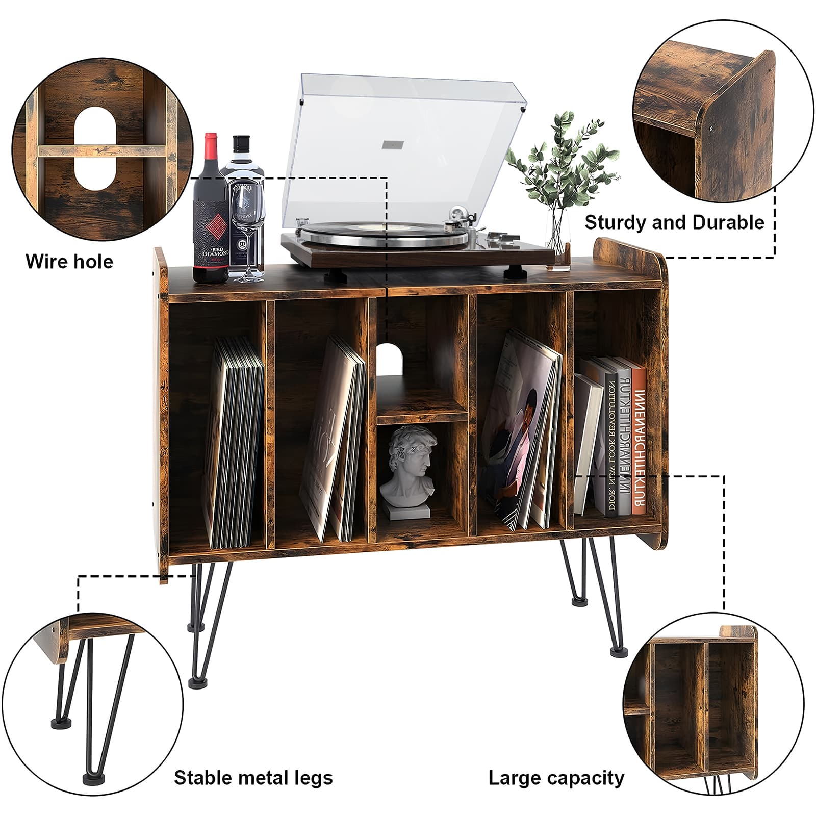 Retrolife Large Brown Record Player Stand Turntable Stand with Metal Legs for Bedroom and Living Room RMD1