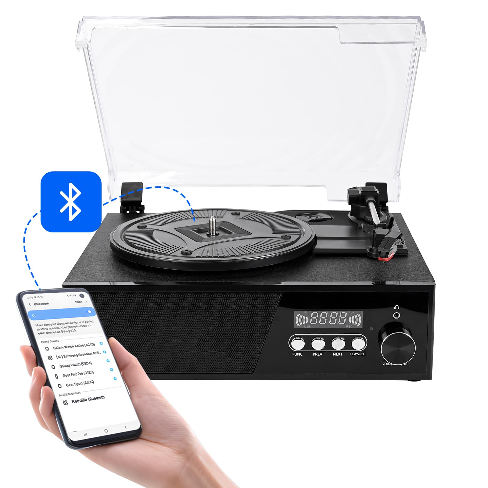 Vinyl Record Player with Speaker Bluetooth Turntable Vintage Portable Vinyl  Player Support USB AUX-in Headphone RCA Line-Out Adjustable Needle Pressur 