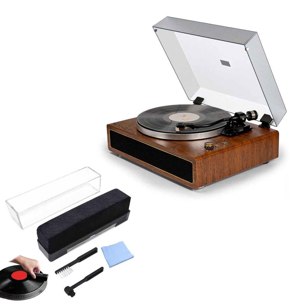Vintage All-In-One Record Player with Built-in Speakers and Vinyl Record Cleaning Kits Combo Set