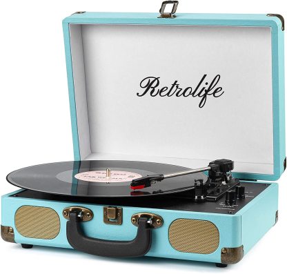 Belt-Driven Vintage Portable Turntable with Bluetooth Wireless Black  R609