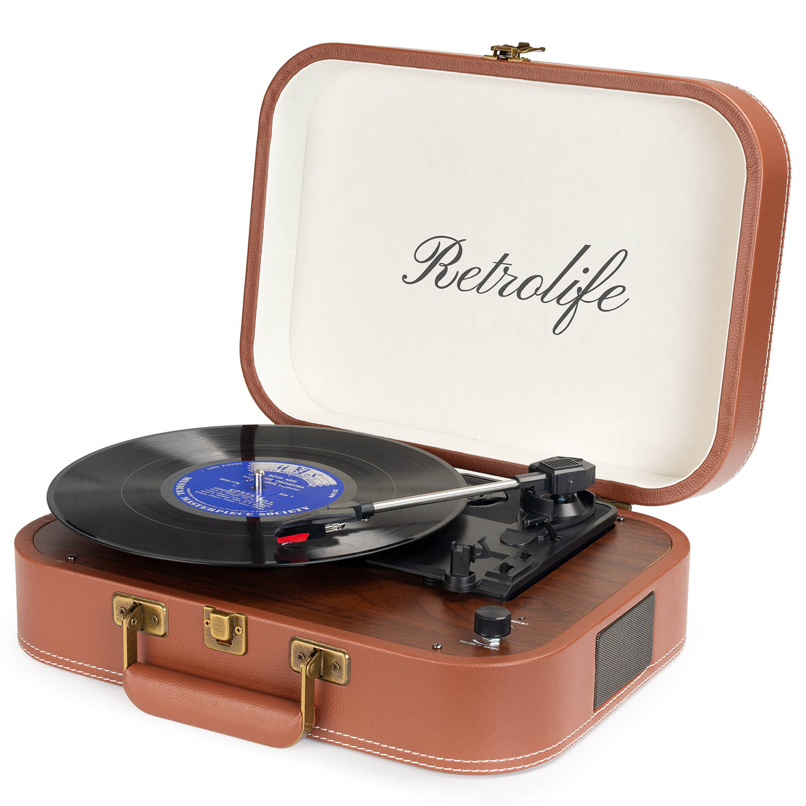 Suitcase Portable Turntable with Bluetooth Wireless Brown