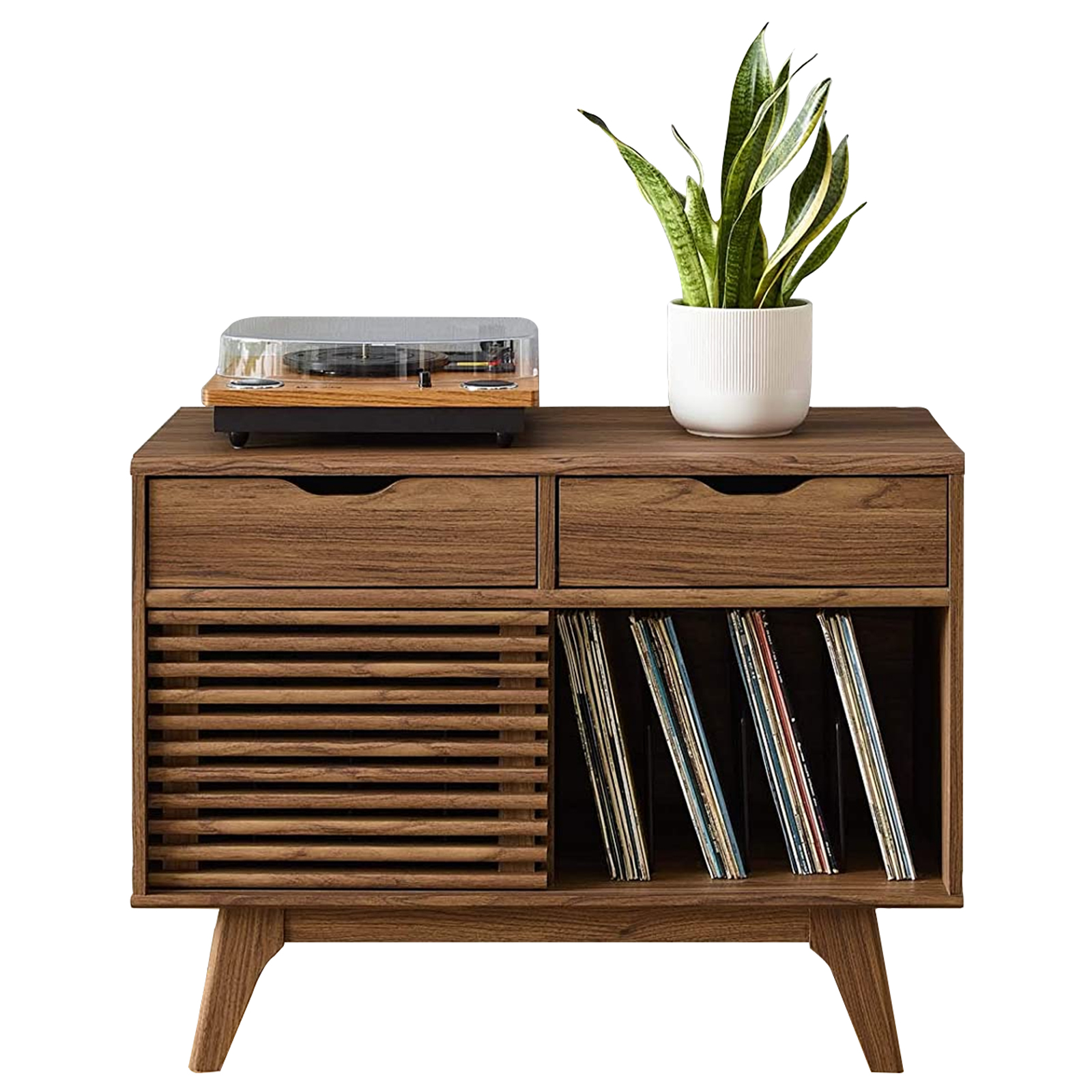 Mid-Century Modern Media Cabinet with Vinyl Record Storage & Isolation  Turntable Platform. — TACTILE