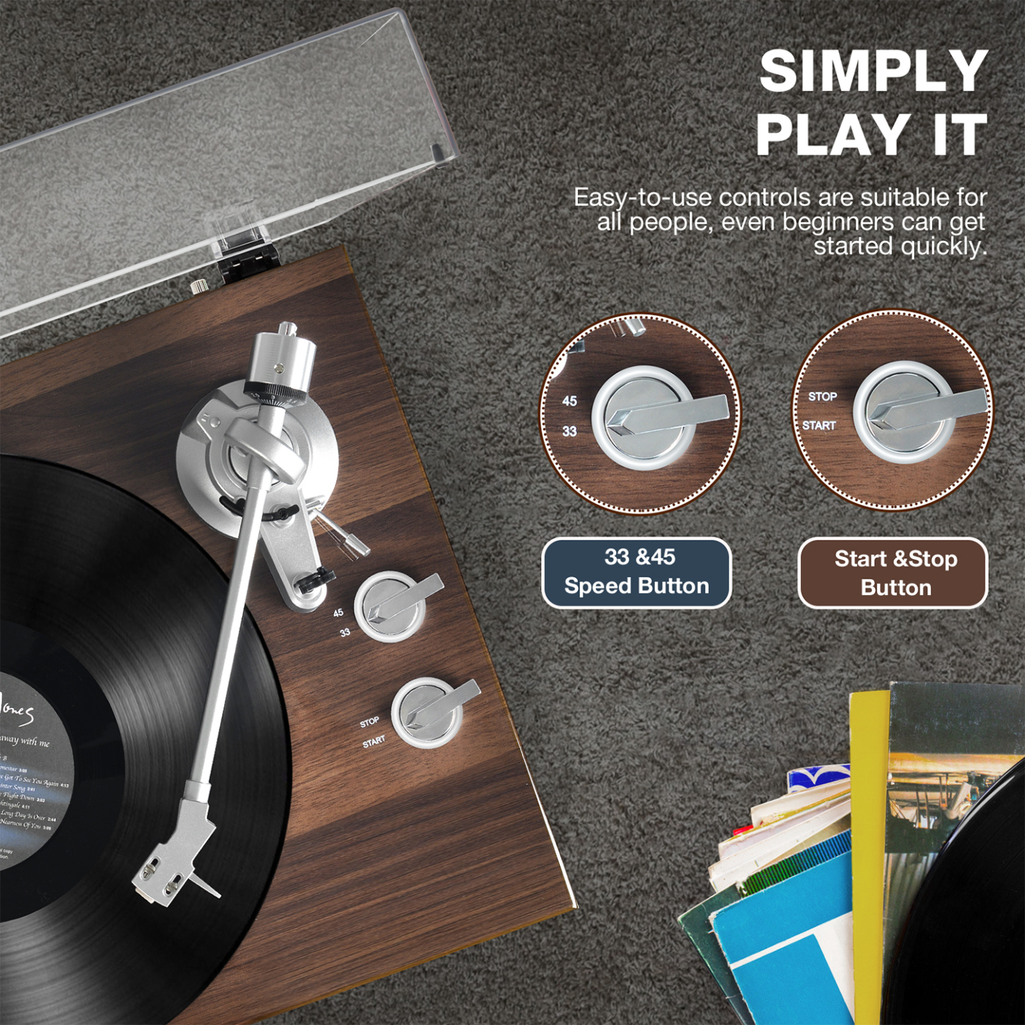 HQKZ-006 High Fidelity Vinyl Turntable with Bluetooth Transmission - Brown