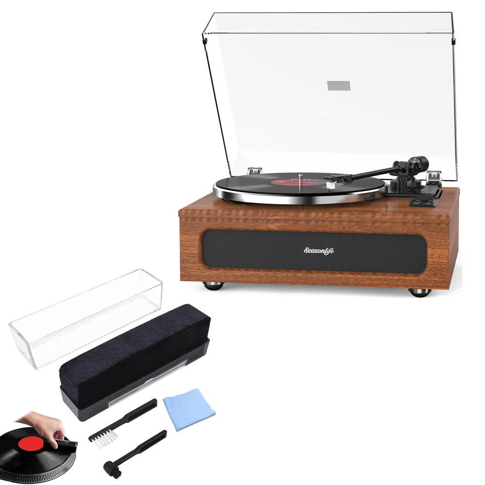 Upgraded All-in-One Record Player with Built-in Speakers and Vinyl Records Cleaning Kits Combo Set