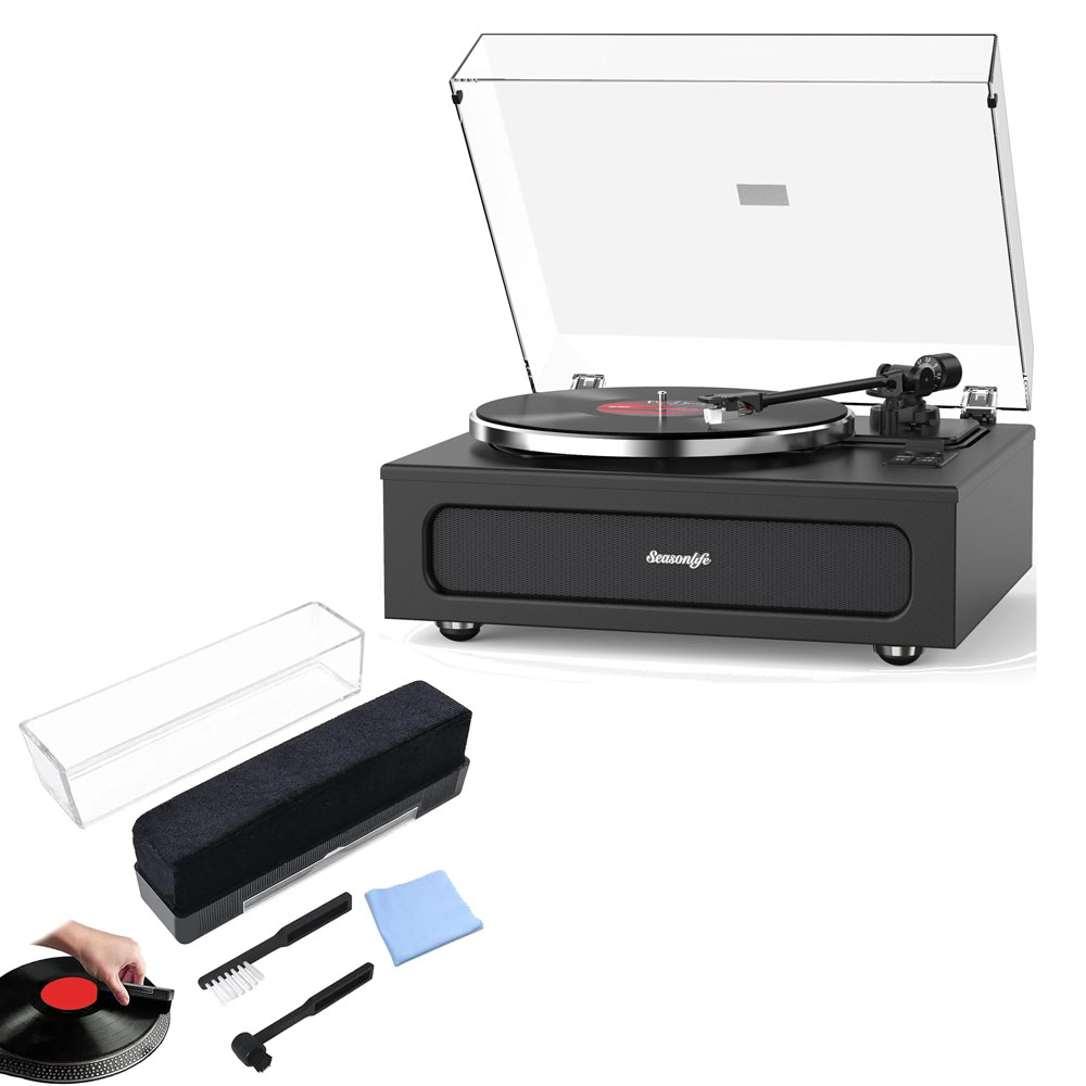 Upgraded All-in-One Record Player with Built-in Speakers and Vinyl Records Cleaning Kits Combo Set