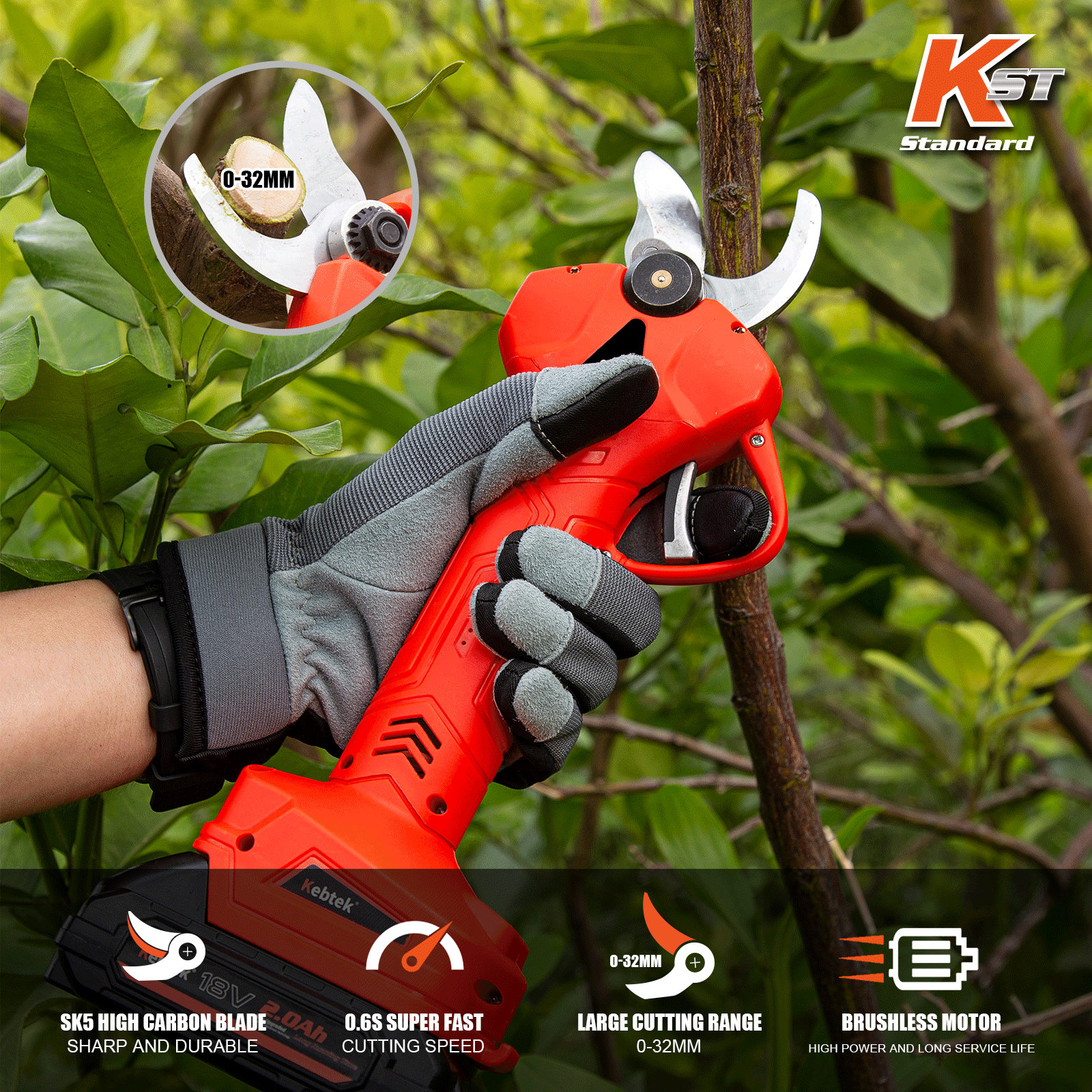 Kebtek Professional 18V 32MM Cordless Pruner Battery Powered Tree Branch Cutter with 2 Pack 2Ah Lithium Batteries Brushless Motor Extension Pole-B05532