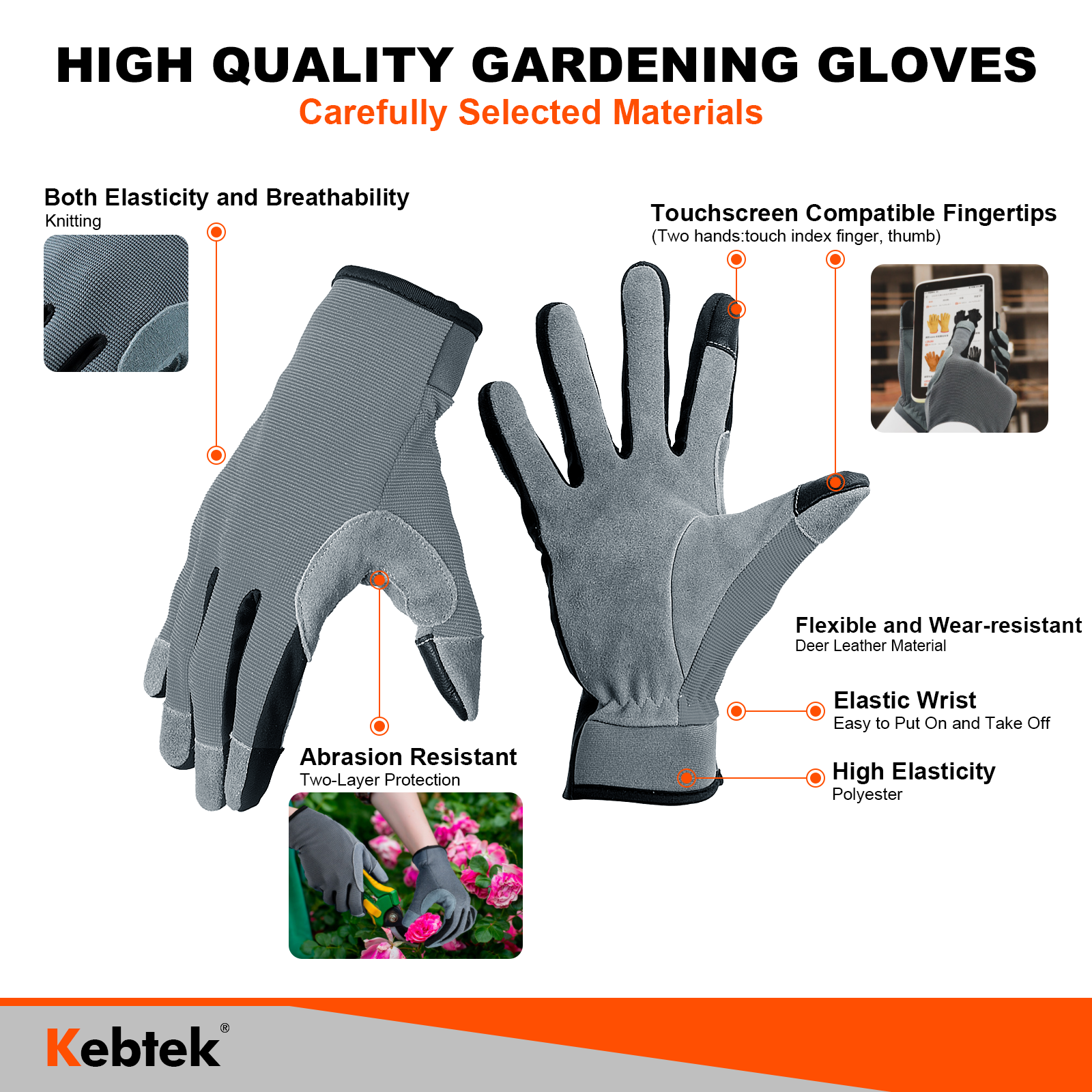 Gardening Gloves, Pruning Gloves with Deerskin Leather Suede Thin Elastic-Breathable Working Gloves Touch Screen for Pruning Yard Work and Daily Work