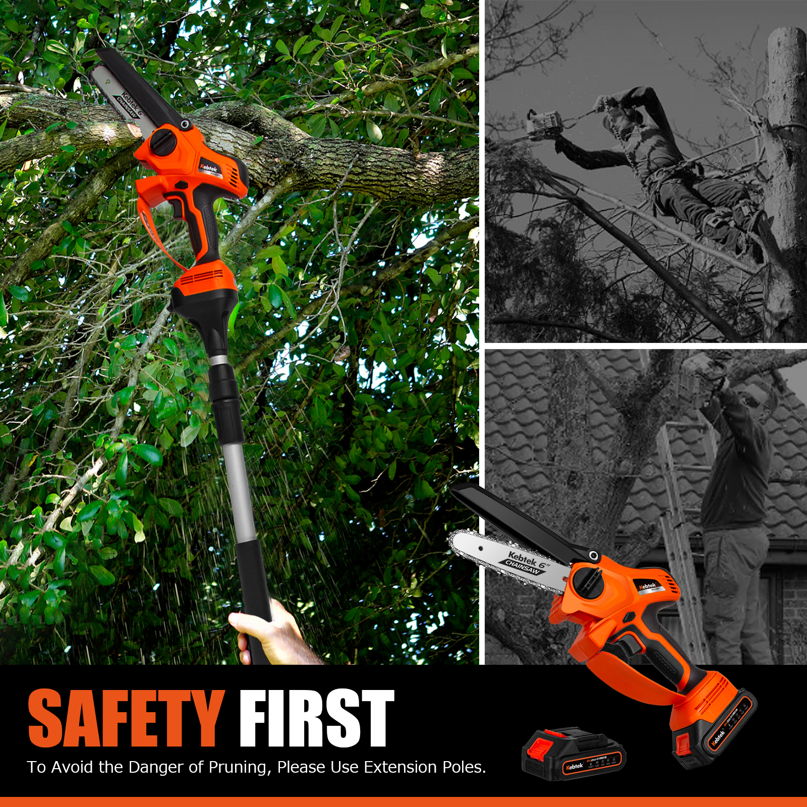 2-in-1 Cordless Pole Saw Kebtek 6-Inch Electric Chainsaw with Brushless Motor Battery Powered Mini Chainsaw with Battery and Charger 5.29Lb Lightweight Pole Saw for Tree Trimming