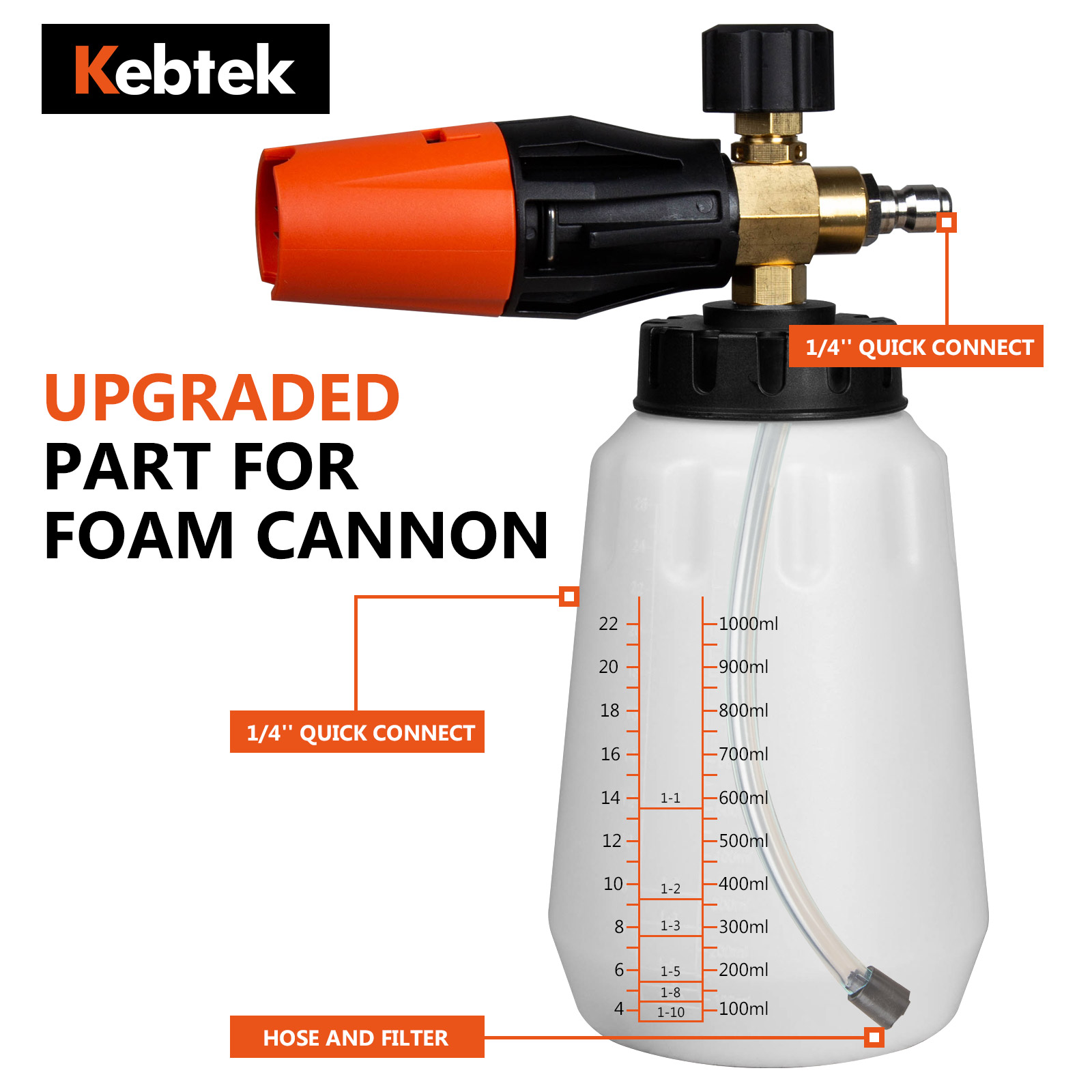 Kebtek Foam Cannon with Pressure Washer Gun 5200 PSI, Car Wash Foam Gun with Pressure Washer Quick Connect Kit and 5 Nozzle Tips, M22 and 1/4 Inch Quick Connect, 1Liter