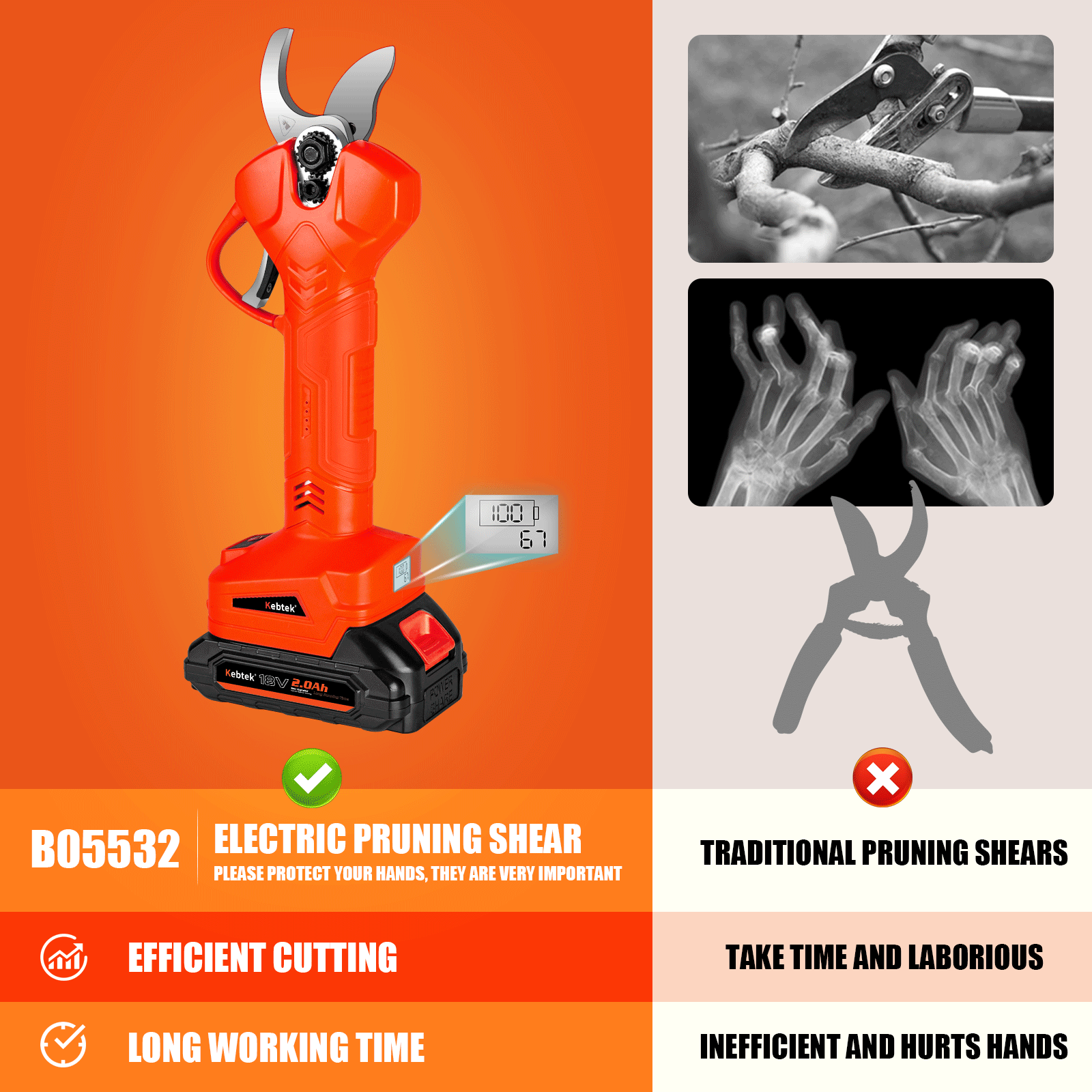 Kebtek Professional 18V 32MM Cordless Pruner Battery Powered Tree Branch Cutter with 2 Pack 2Ah Lithium Batteries Brushless Motor Extension Pole-B05532