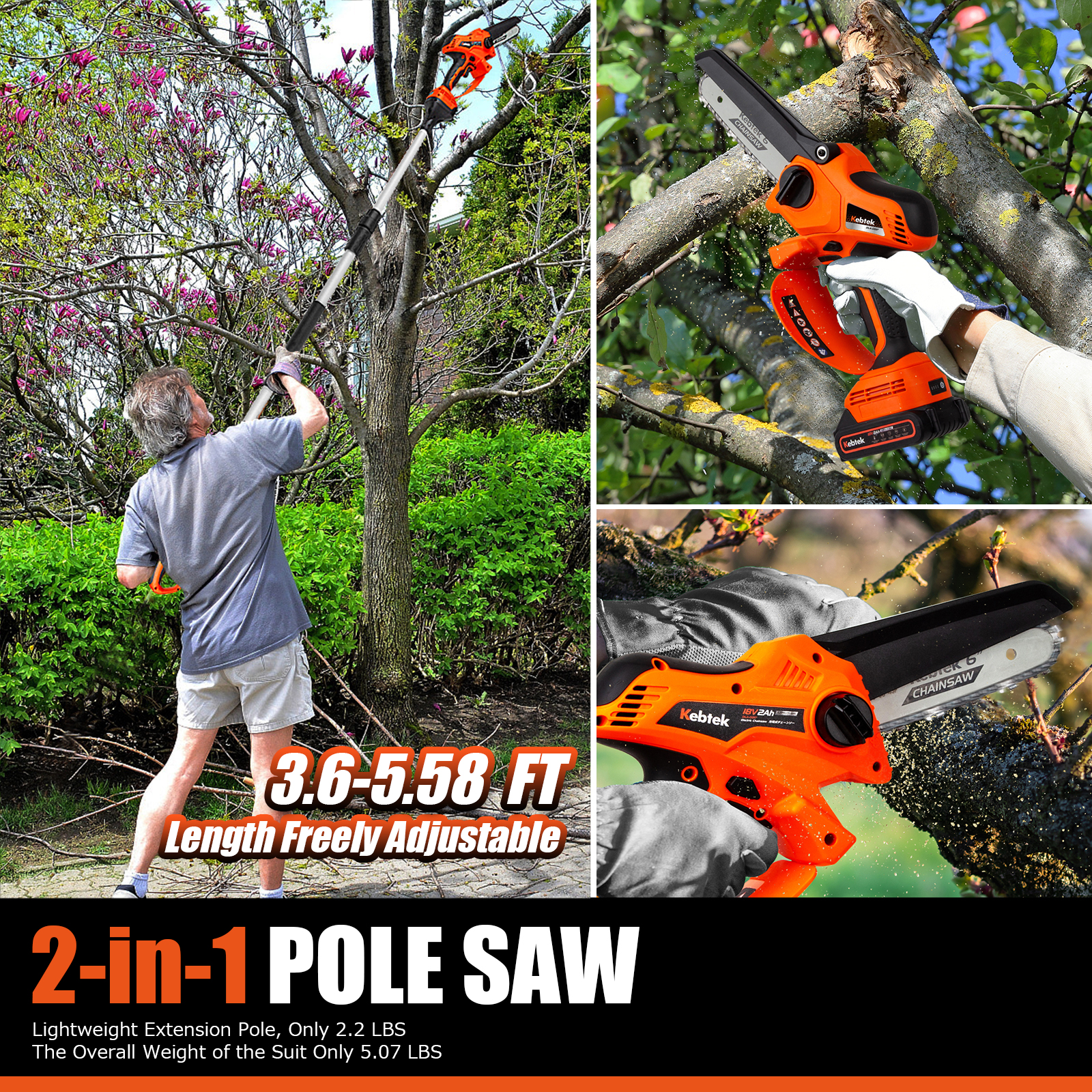 2-in-1 Cordless Pole Saw Kebtek 6-Inch Electric Chainsaw with