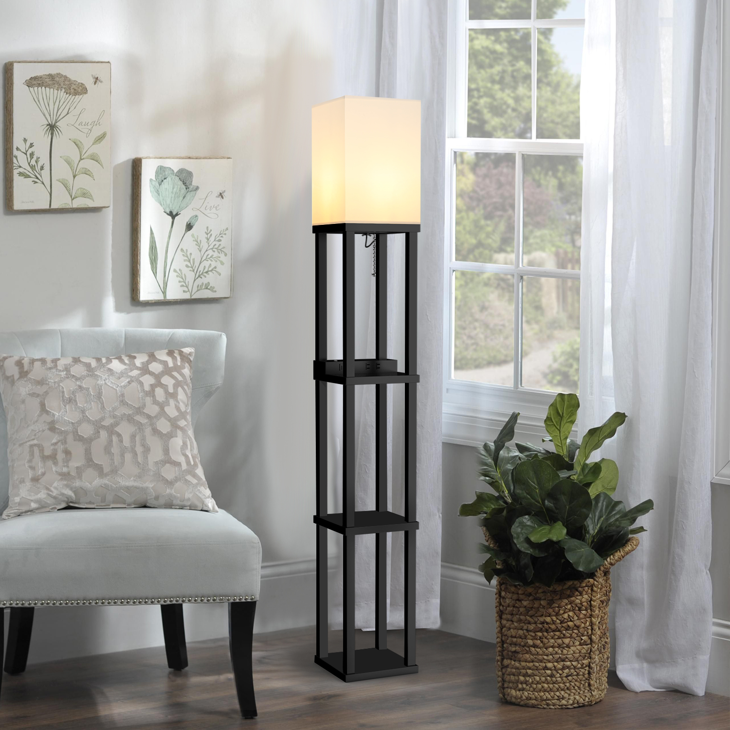 Litupu Bedside Table Shelves Save Space, Tower Floor Lamp With Shelves