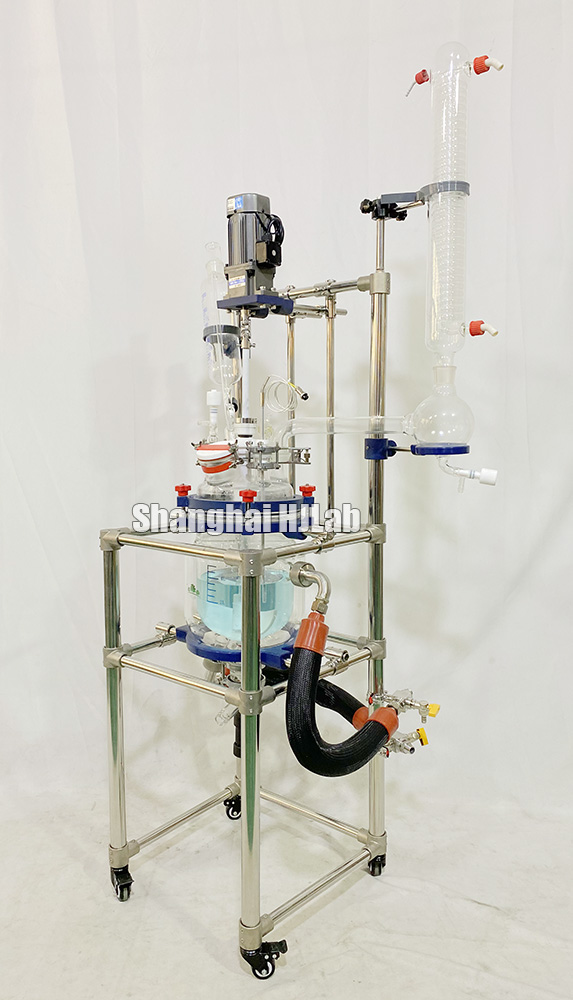 5L Jacketed Glass Reactor with Double Layer Reaction Vessel Heating Transfer Fluid Circulation Manifold Kits Dual-Layer Cooling Coil Condenser AC Motor with Gear Box Constant-Pressure Feeding PTFE Mechanical Stirring Sealing Kit 7 Openings Glass Lid Reaction Materials PTFE Temperature Probe Zero-Dead-Space Discharge Valve
