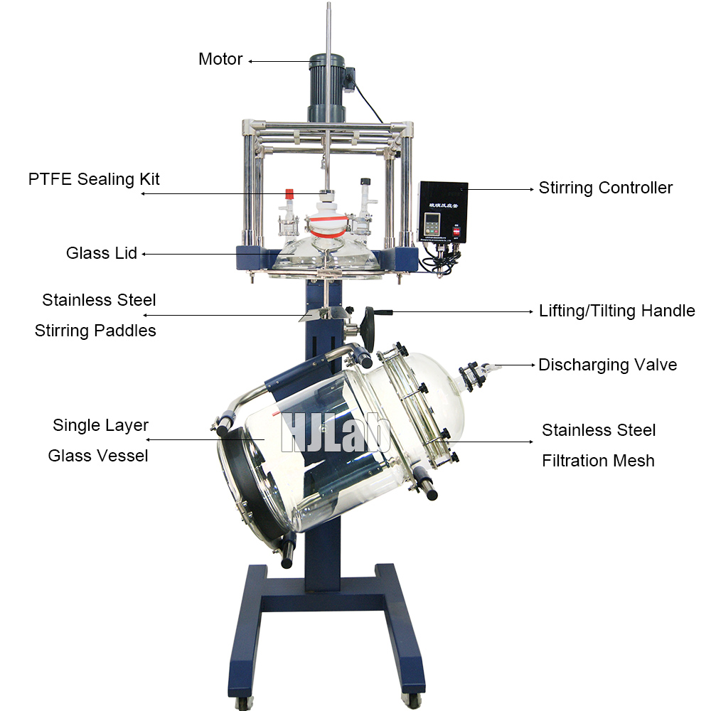 Single Layer Glass Reaction Vessel with Stainless Steel Filtration Mesh and Stirring and Lifting Tilting Supporting Frame Design