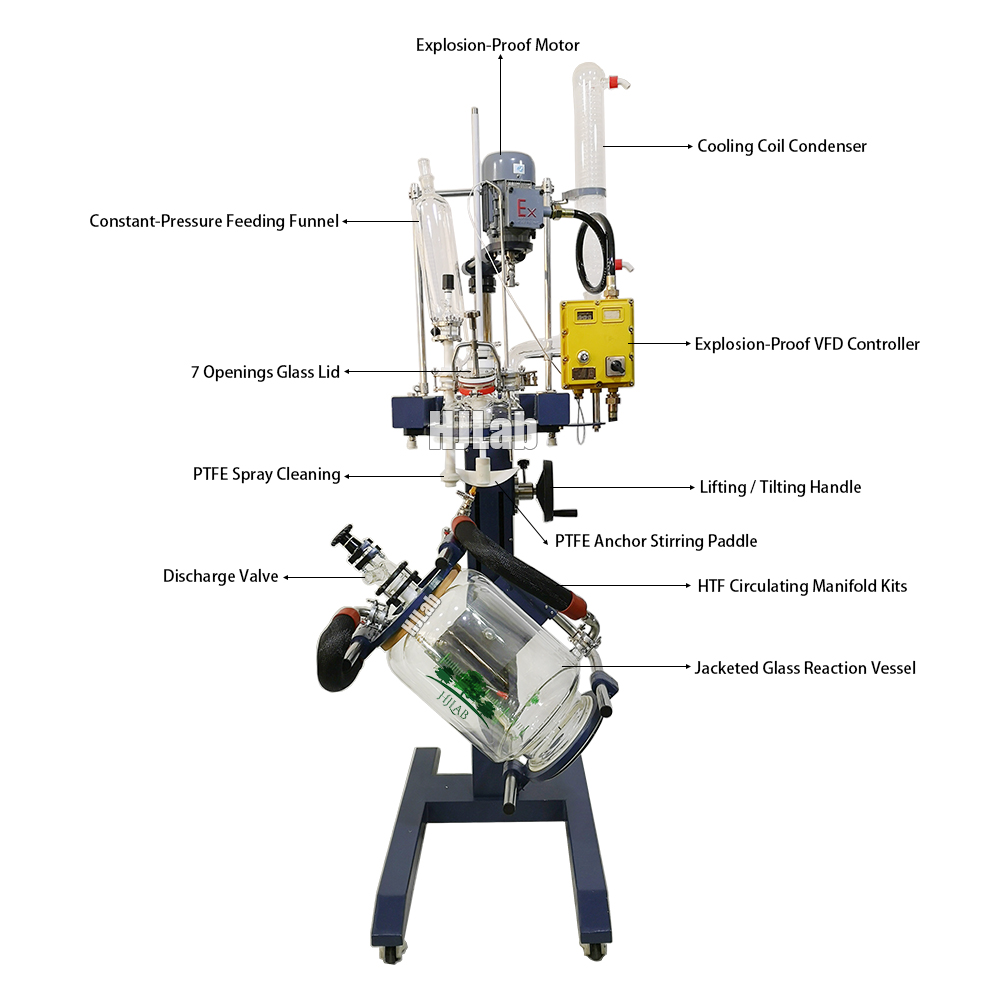 Explosion Proof Jacketed Glass Reactor with Tilting and Lifting Glass Reaction Vessel
