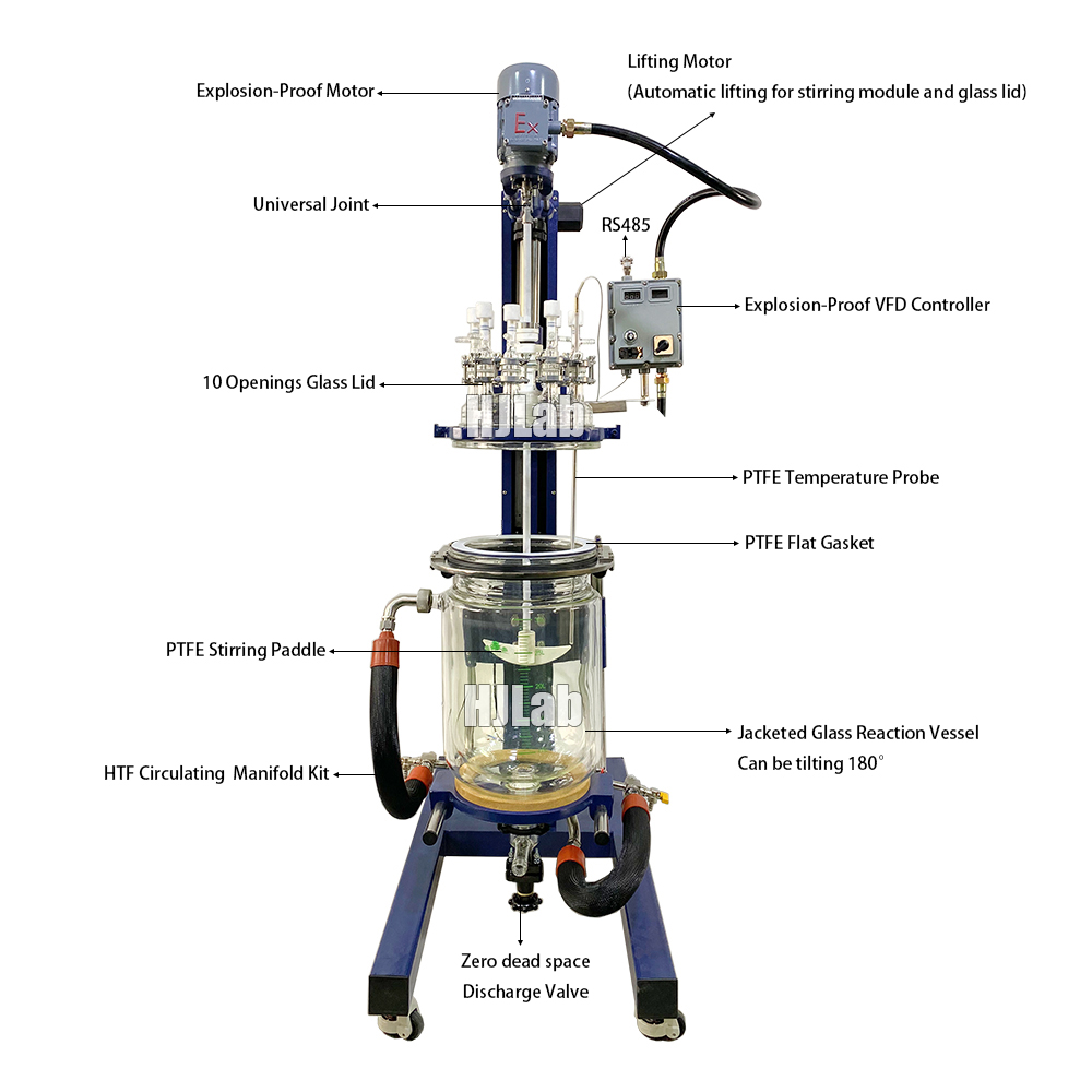 Lab Chemical Jacketed Glass Reactor with Automatic Motorized Lifting and Manual Tilting and Explosion Proof Design
