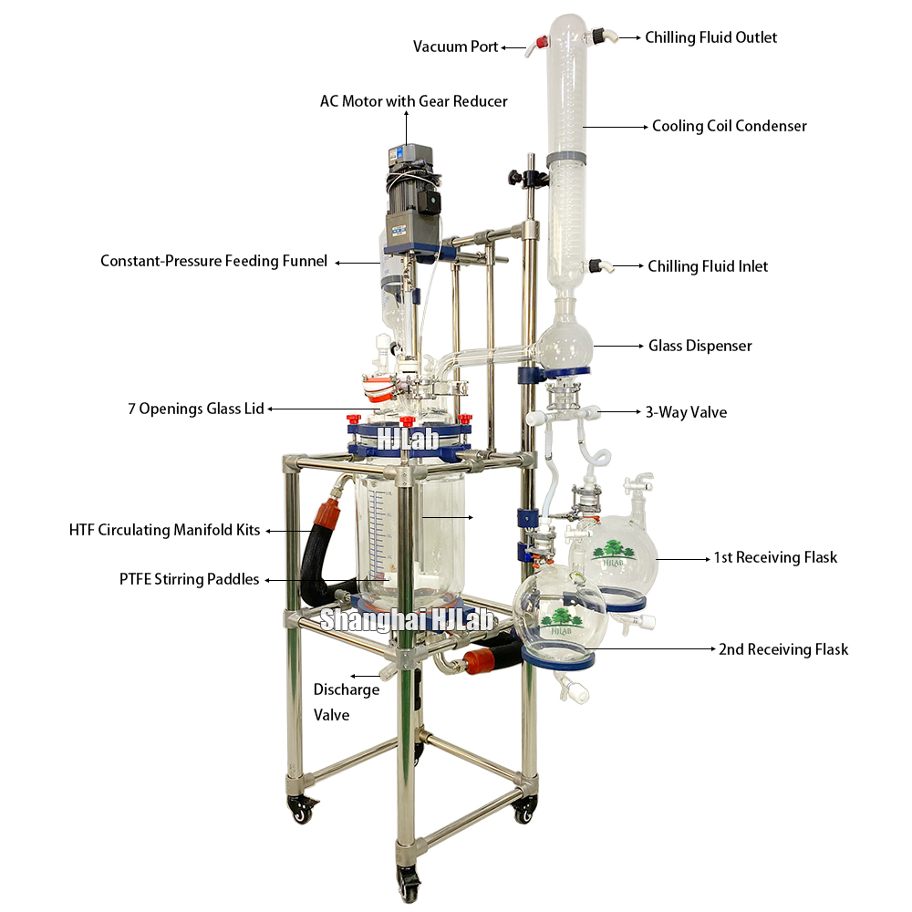 Chemical Jacketed Glass Reactor with Distillation Evaporation Condenser Column and Dual Receiving Flask