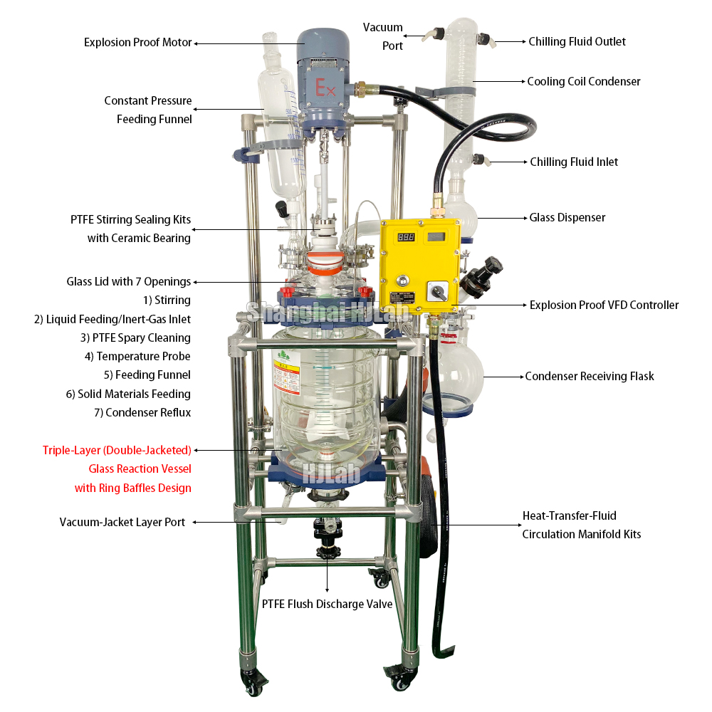 Triple Layers Glass Reactor Vessel with Ring Baffles Explosion Proof