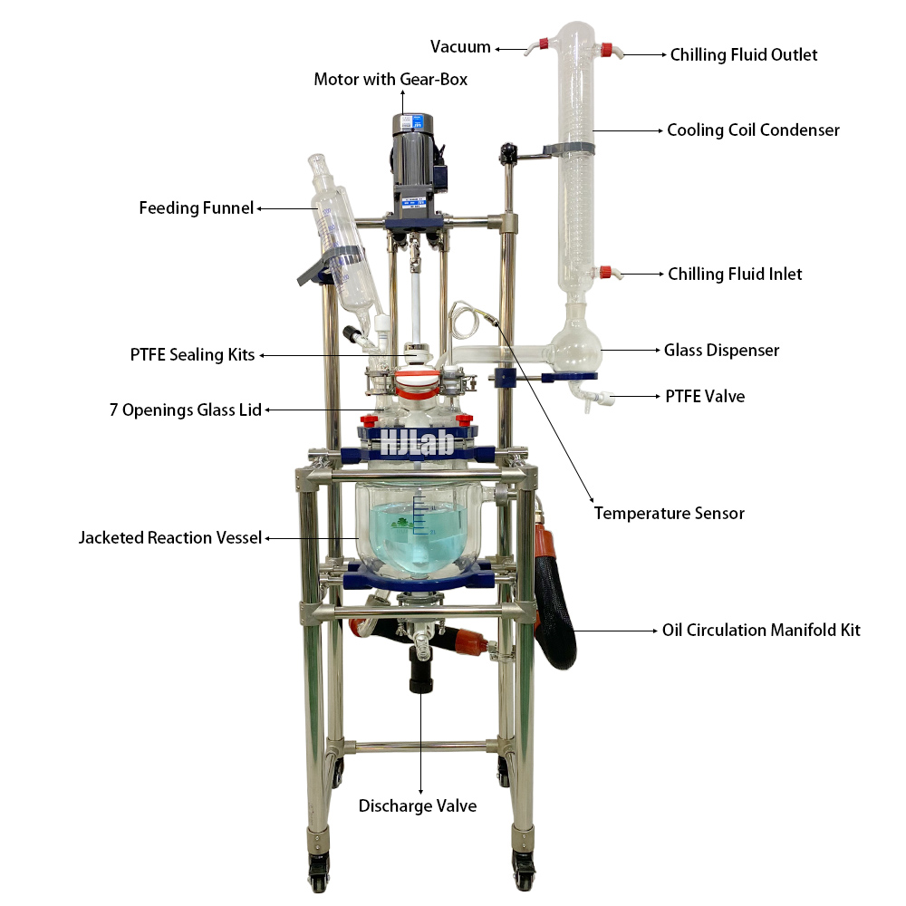 5L Jacketed Glass Reactor with Double Layer Reaction Vessel Heating Transfer Fluid Circulation Manifold Kits Dual-Layer Cooling Coil Condenser AC Motor with Gear Box Constant-Pressure Feeding PTFE Mechanical Stirring Sealing Kit 7 Openings Glass Lid Reaction Materials PTFE Temperature Probe Zero-Dead-Space Discharge Valve