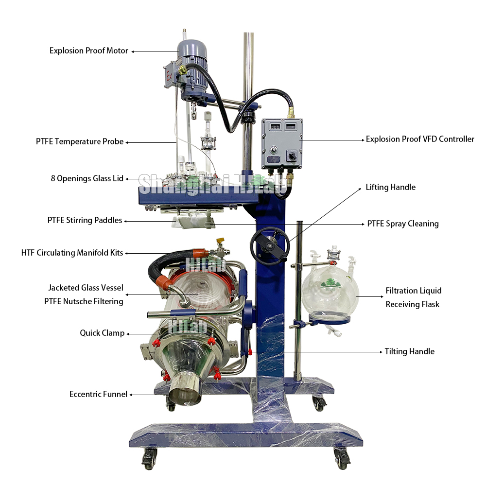 Agitated Nutsche Filtering Chemical Solid-Phase-Synthesis Jacketed Glass Reactor with Lifting and Tilting and Explosion Proof Design