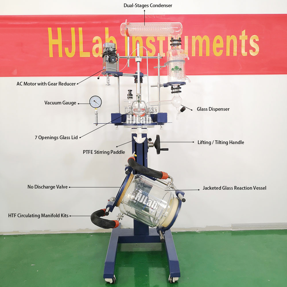 Lifting Tilting Jacketed Glass Reactor with Dual Stages Condenser without Bottom Discharge Valve