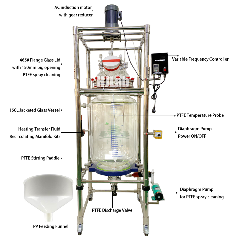 150L Chemical Synthesis Jacketed Glass Reactor Vessel with 150mm Solid Materials Feeding Openings and PTFE Spray Cleaning