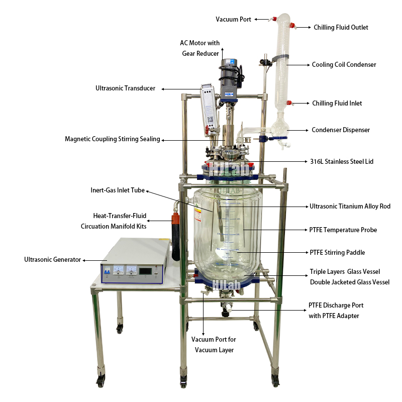 50L Triple Layers Double Jacketed Glass Reactor Vessel with Ultrasonic Integration and Magnetic Coupling Stirring Sealing