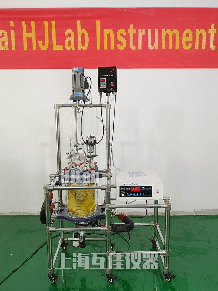 Ultrasonic Dispersion Jacketed Glass Reactor Titanium Alloy Ultrasonic Rod Dual/Double Layer Bososilicate Glass Reaction Vessel Variable Frequency Drive Controller AC Motor with Gear Reducer PTFE Stirring Rod and Paddles Heating Transfer Fluid Manifold Kits 7 Openings Glass/PTFE Lid Ideal for lab-scale and pilot plant biopharmaceutical, new-drug research, new-materials-synthesis applications.
