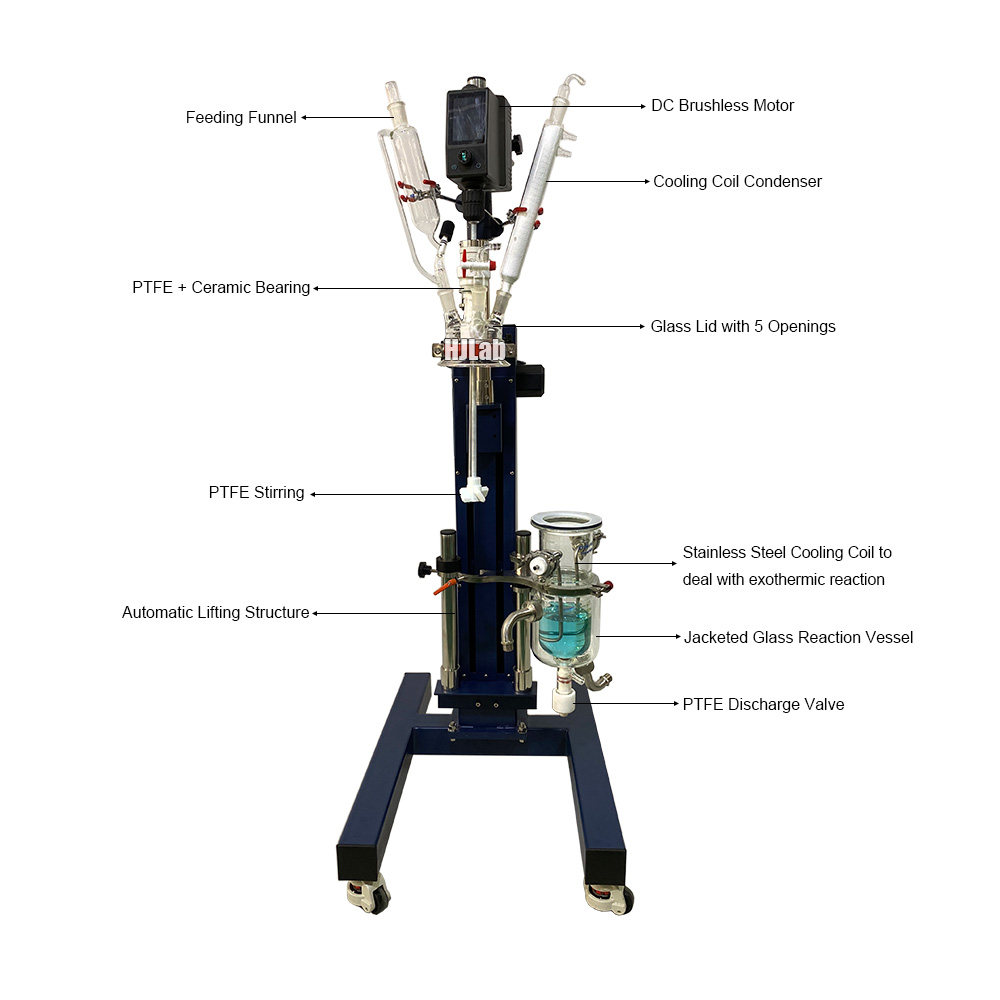 Lab Jacketed Glass Reaction Vessel with Lid Automatic Lifting and Internal Cooling Coil