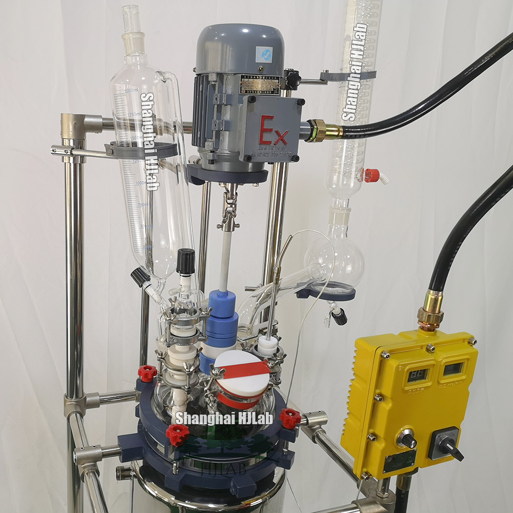 Stainless Steel Jacketed Reactor Reaction Vessel Glass Constant-Pressure Feeding Funnel Glass Cooling Coils Condenser 7 Openings Glass Lid PTFE Spray Cleaning Explosion Proof Motor and VFD Controller Single Layer or Dual Layer Stainless Steel Jacketed Reaction Vessel